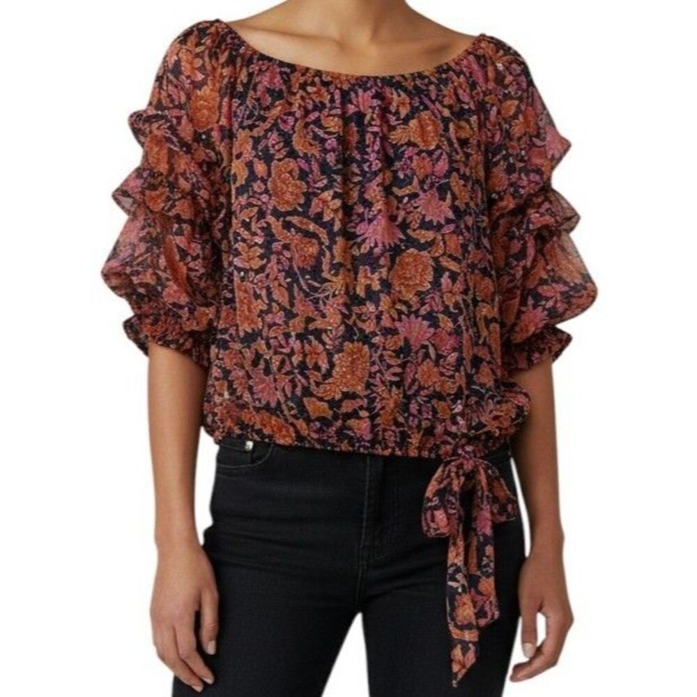 NEW CeCe Ruffle Sleeve Blouse Womens XL Wild Orchid Print Metallic Accents